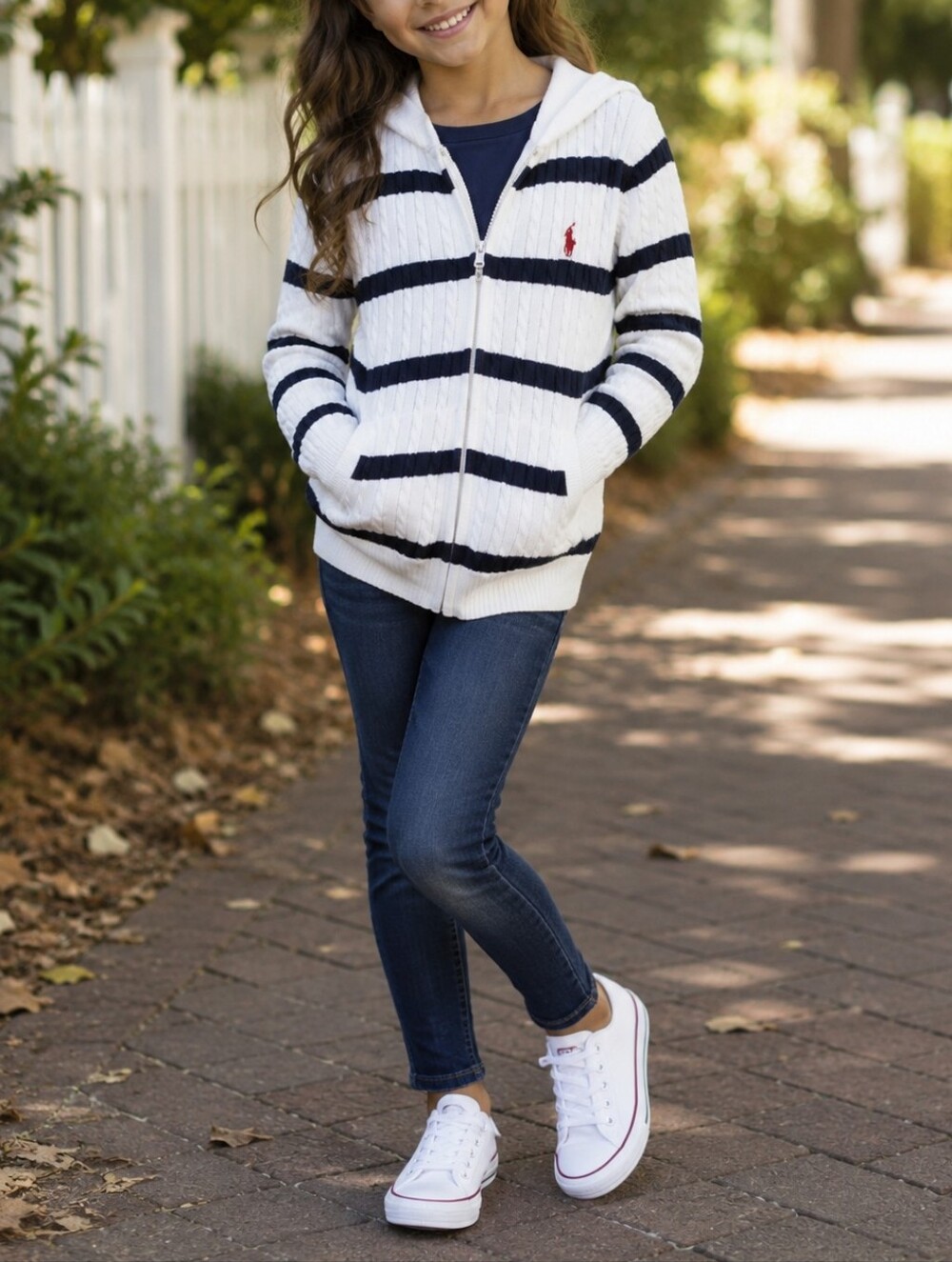 Polo Ralph Lauren Kids White Navy Striped Cable Knit Full Zip Hoodie Preppy